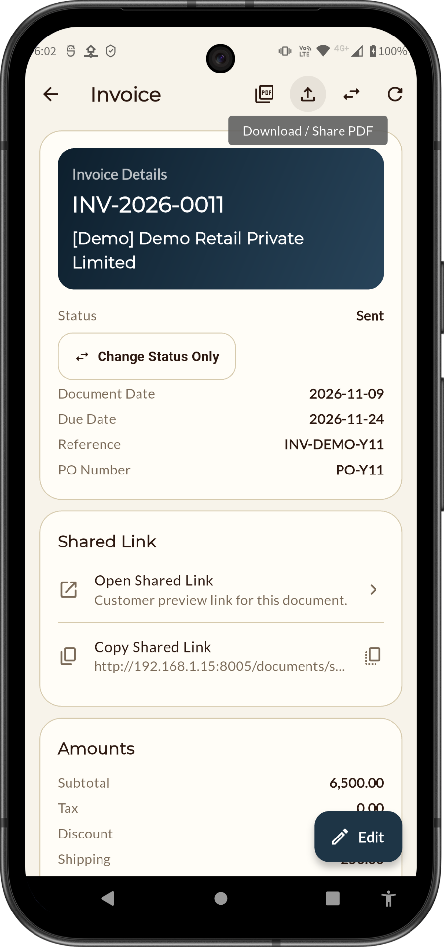 InvoiceBoatLite invoice detail with PDF share